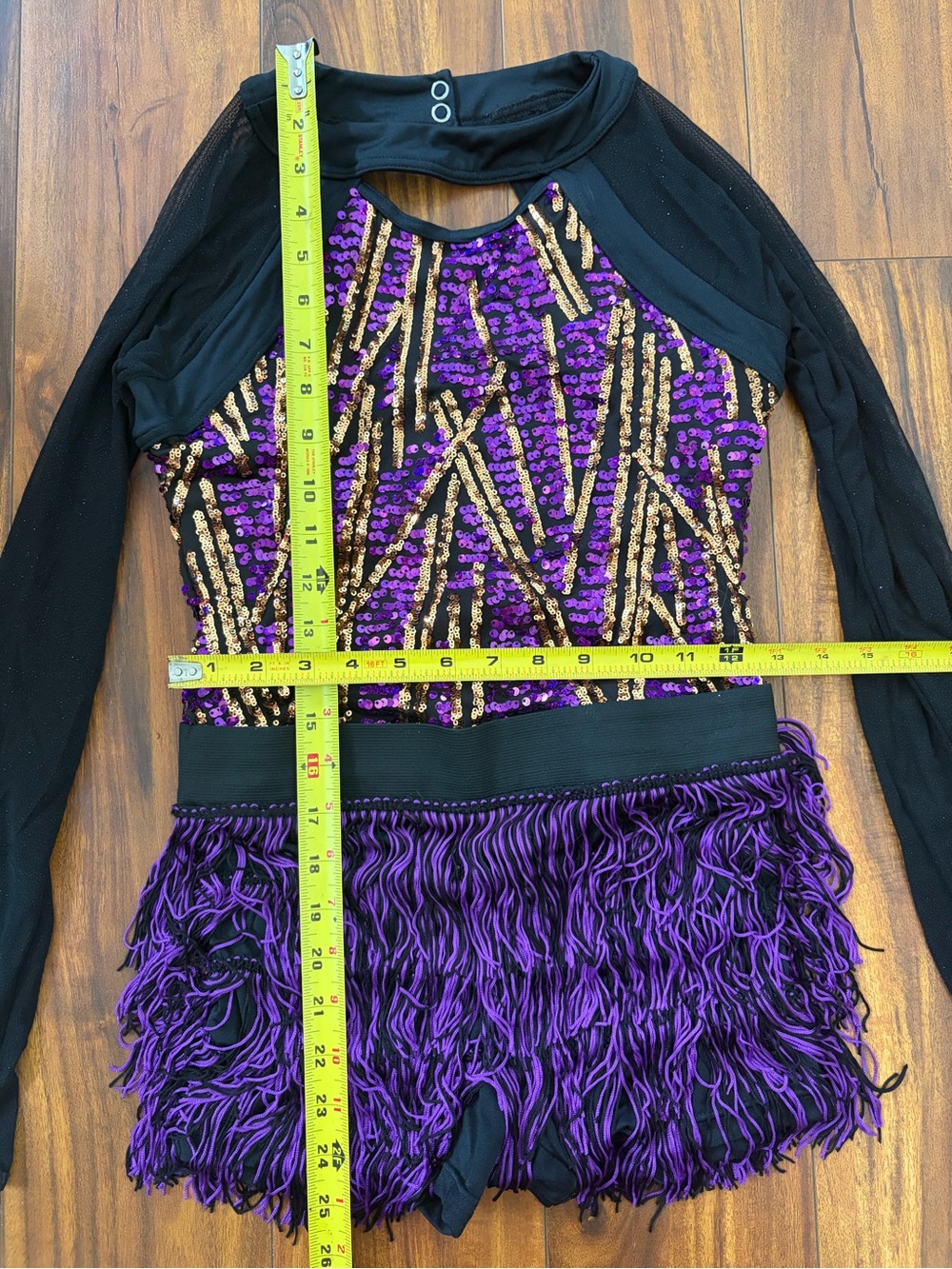 Weissman Purple/Gold Sequin Fringe with Black Sleeves Small Adult Nearly New - Picture 2 of 4